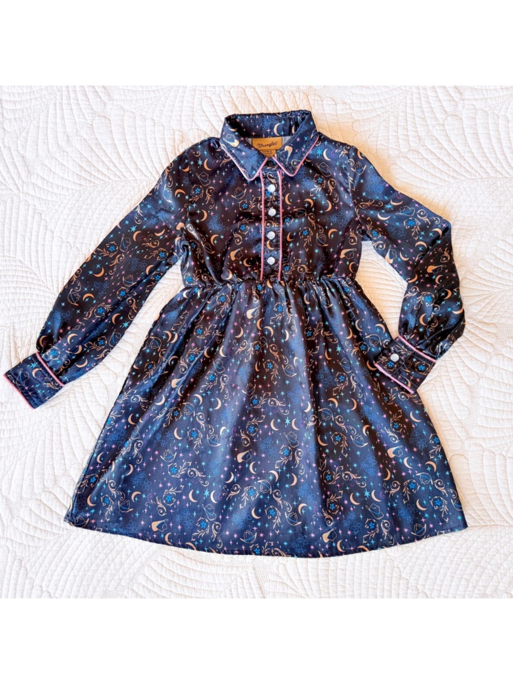 Wrangler Girls Celestial Moon Stars Western Satin Cowgirl Dress Whimsigoth Sz XS